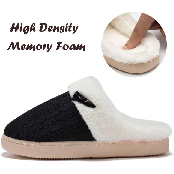 Women's Black Scuff Fuzzy Faux Fur Lining Memory Foam Warm Plush Slippers Shoes - Picture 5 of 9